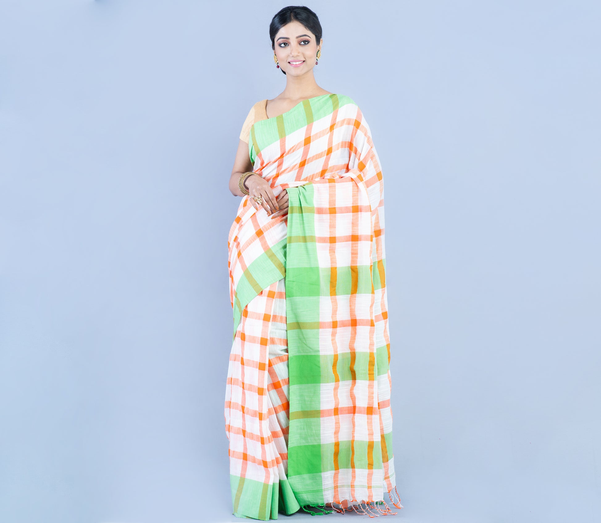 Cotton Chekerd Saree - White and Orange - ArtisanSoul