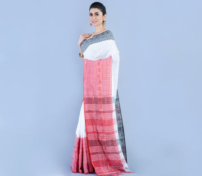 Handloom Cotton Saree - Red and Black - ArtisanSoul