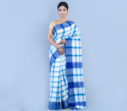 Handloom Cotton Checkered Saree - White and Sky Blue - ArtisanSoul