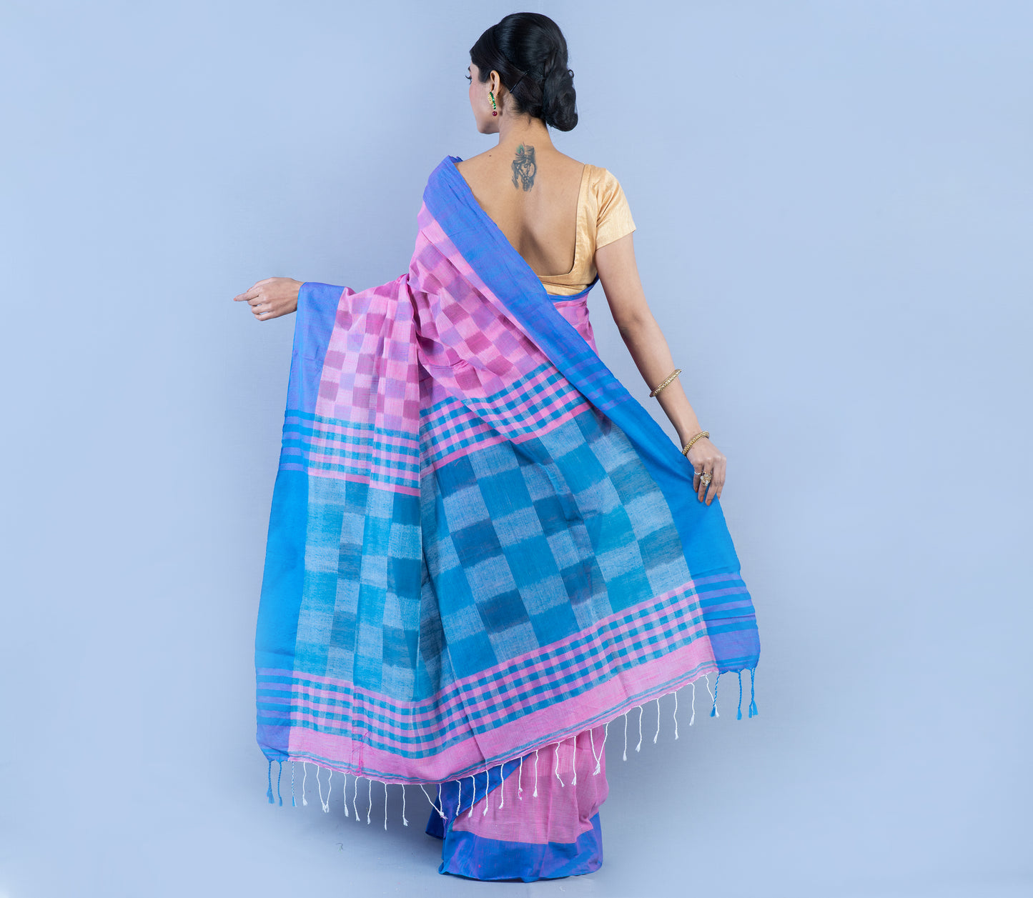 Handloom Cotton Saree with Jaba Kaj - Pink and Blue - ArtisanSoul