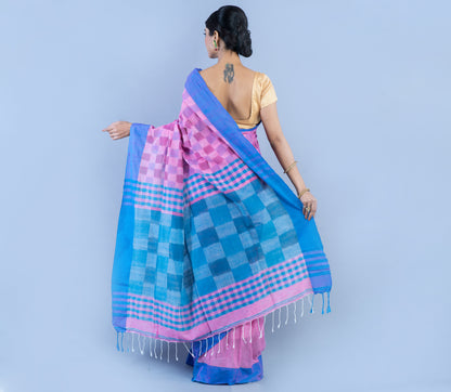 Handloom Cotton Saree with Jaba Kaj - Pink and Blue - ArtisanSoul