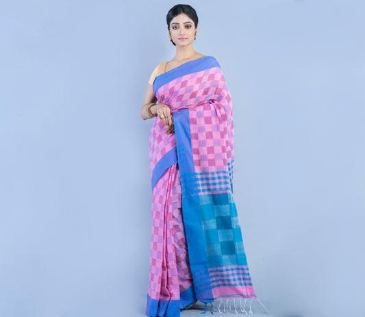 Handloom Cotton Saree with Jaba Kaj - Pink and Blue - ArtisanSoul