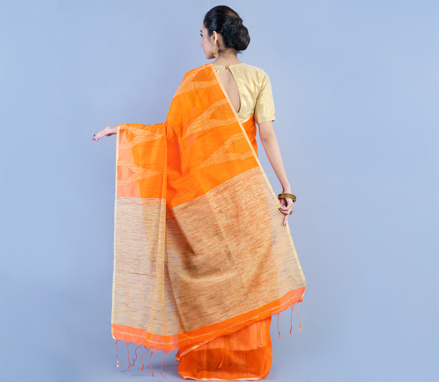 Handloom Orange Saree with Gheecha Designs - ArtisanSoul