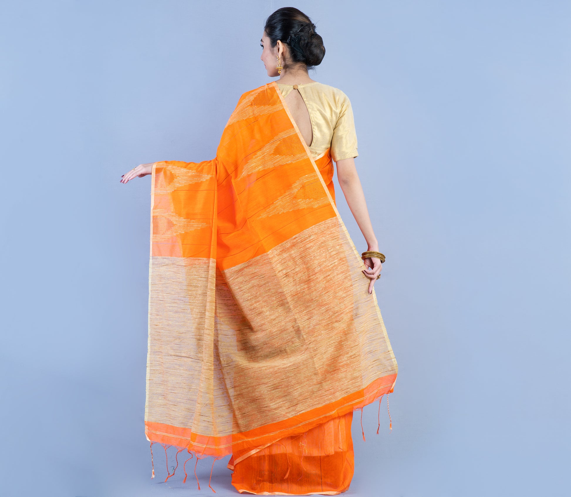 Handloom Orange Saree with Gheecha Designs - ArtisanSoul