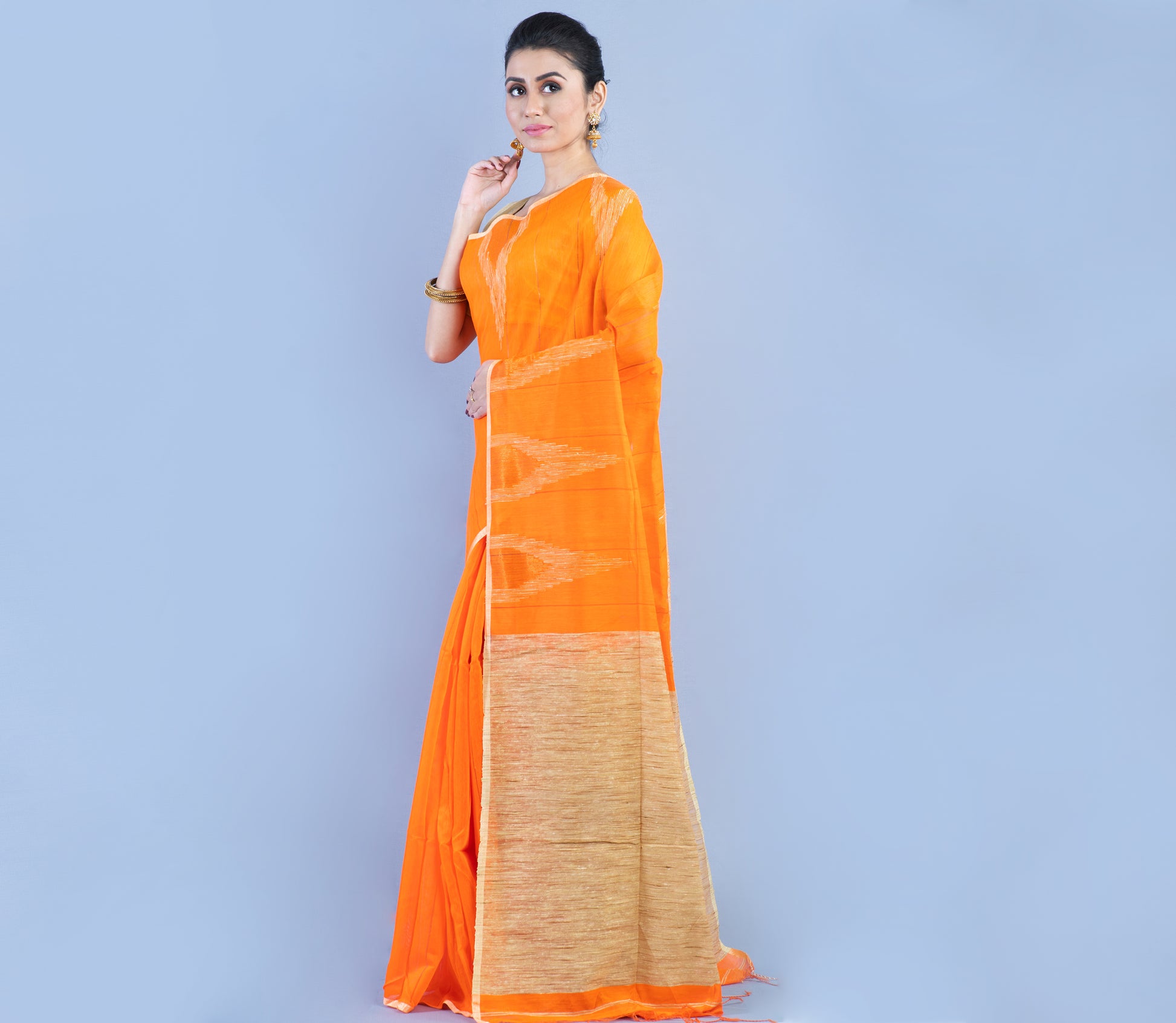 Handloom Orange Saree with Gheecha Designs - ArtisanSoul
