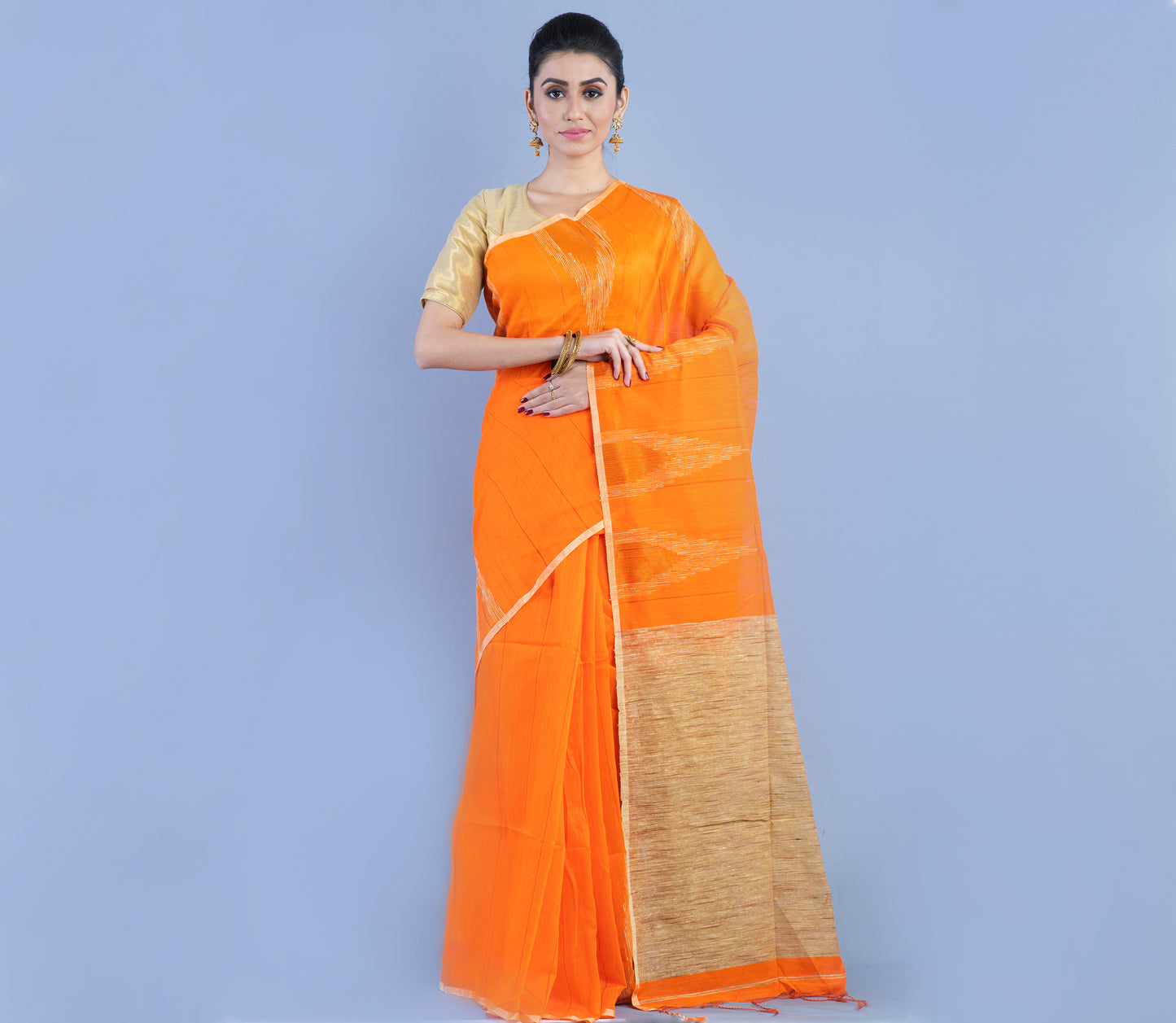 Handloom Orange Saree with Gheecha Designs - ArtisanSoul