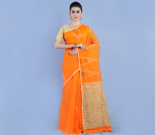 Handloom Orange Saree with Gheecha Designs - ArtisanSoul