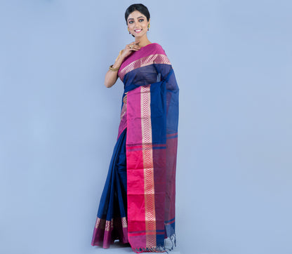 Tant Saree - Blue with Pink Par - ArtisanSoul