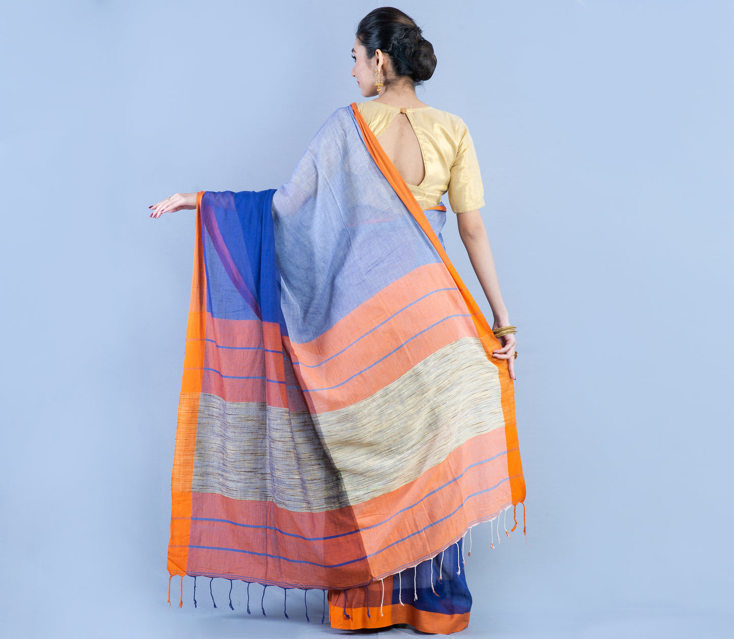 Handloom Cotton Silk Saree Blue and Sky Blue with Gheecha Anchal - ArtisanSoul