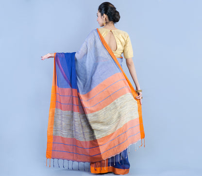 Handloom Cotton Silk Saree Blue and Sky Blue with Gheecha Anchal - ArtisanSoul