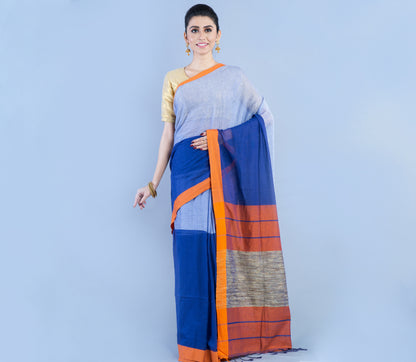 Handloom Cotton Silk Saree Blue and Sky Blue with Gheecha Anchal - ArtisanSoul