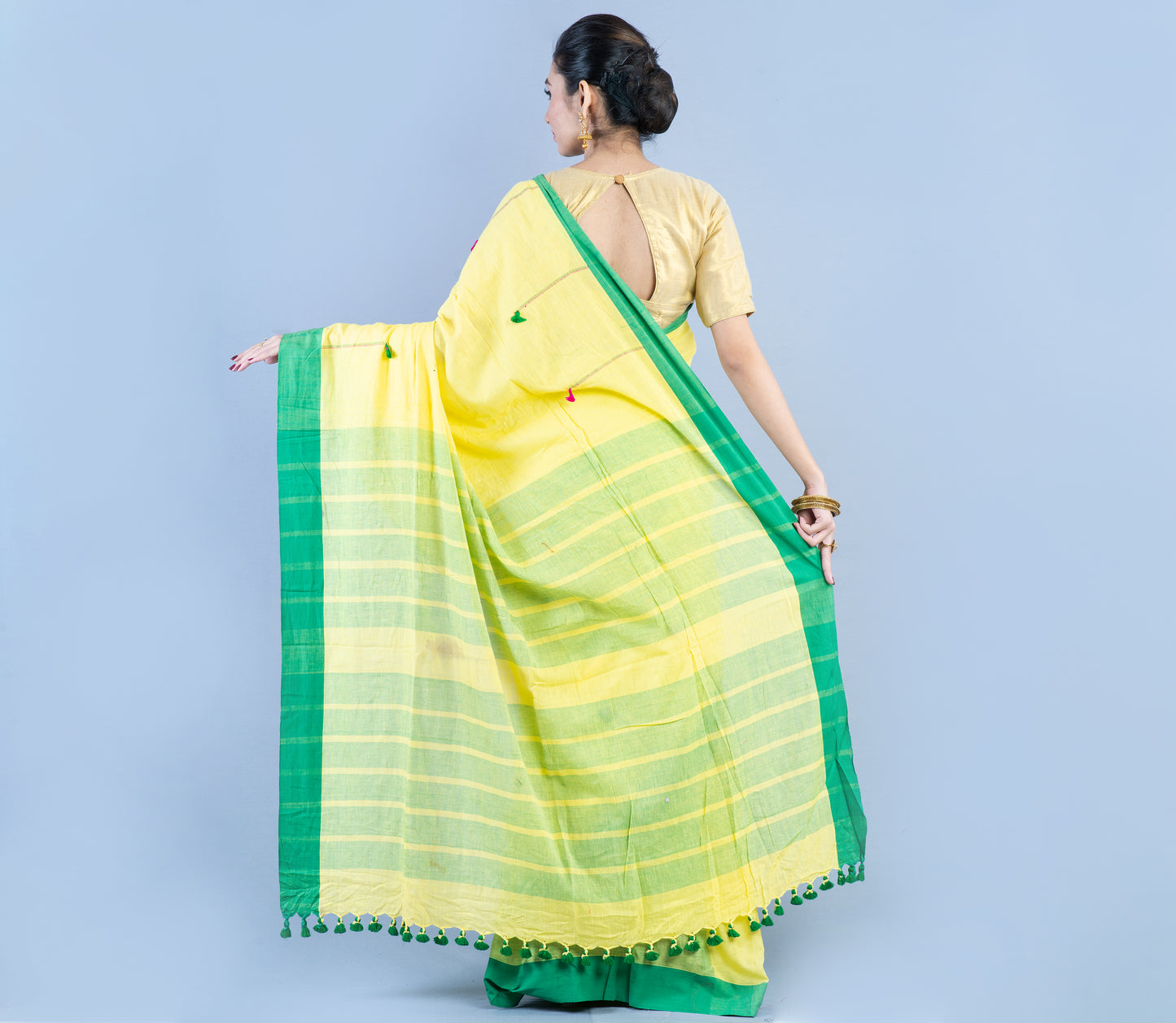 Handloom Cotton Saree - Light Yellow & Green - ArtisanSoul