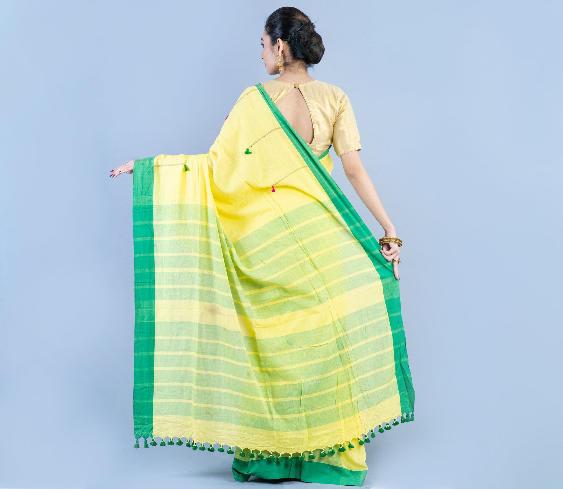 Handloom Cotton Saree - Light Yellow & Green - ArtisanSoul