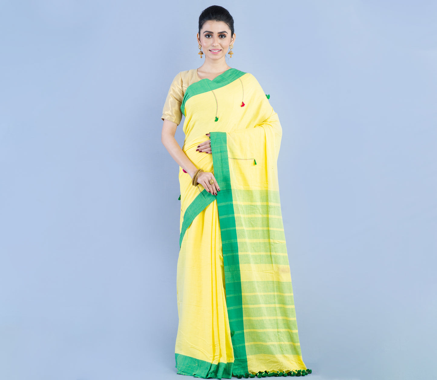 Handloom Cotton Saree - Light Yellow & Green - ArtisanSoul