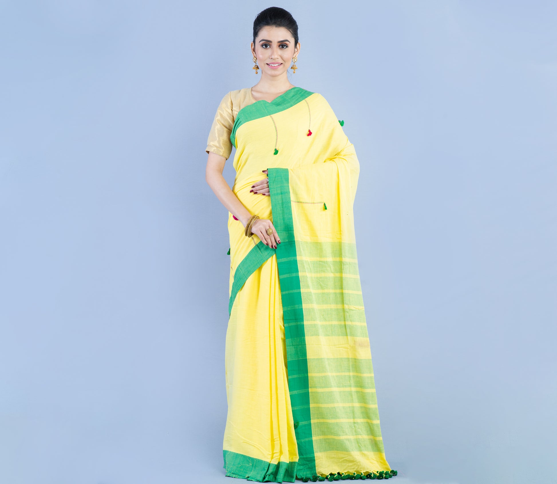 Handloom Cotton Saree - Light Yellow & Green - ArtisanSoul