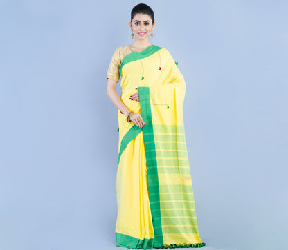 Handloom Cotton Saree - Light Yellow & Green - ArtisanSoul