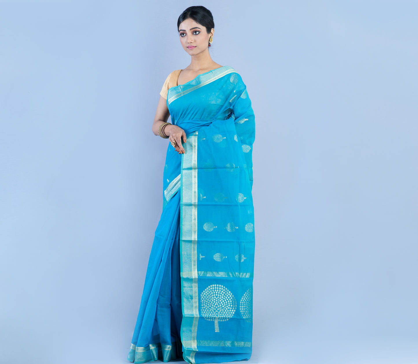 Tant Saree - Sky Blue with Zari work - ArtisanSoul