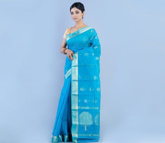 Tant Saree - Sky Blue with Zari work - ArtisanSoul