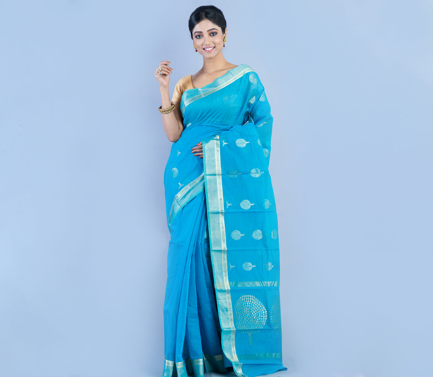Tant Saree - Sky Blue with Zari work - ArtisanSoul