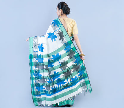 Printed Cotton Saree - Sea Green Blue Black On White - ArtisanSoul
