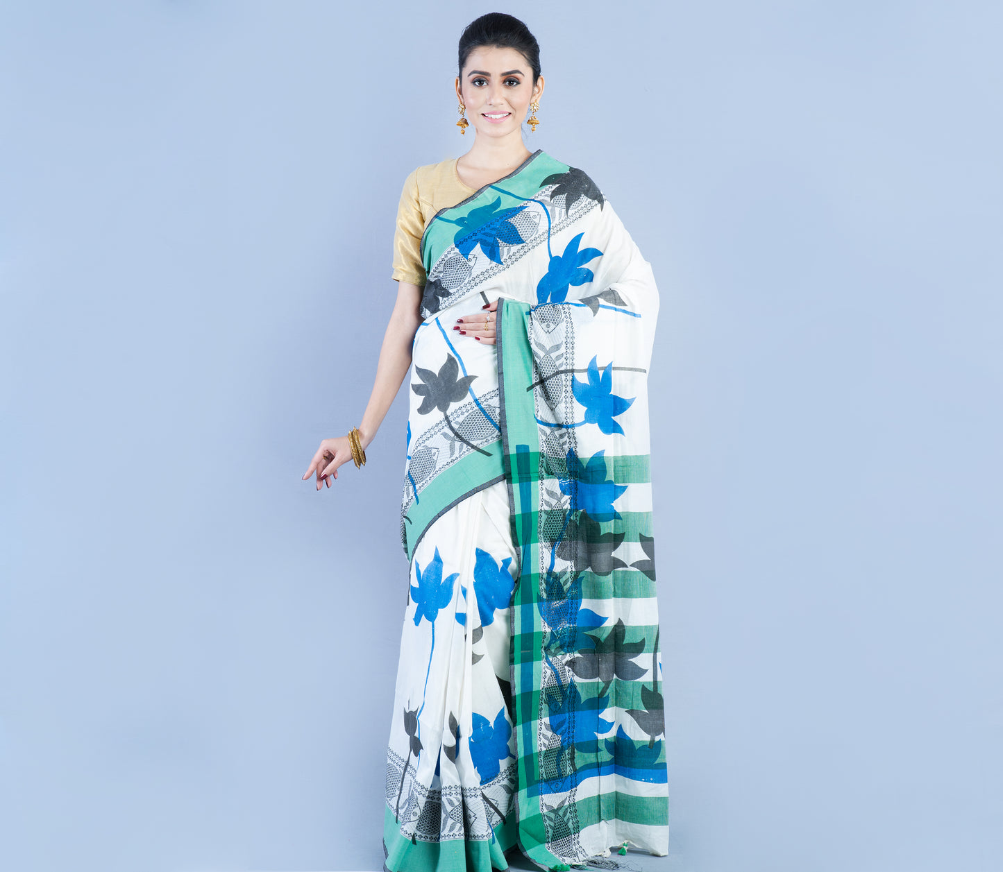 Printed Cotton Saree - Sea Green Blue Black On White - ArtisanSoul