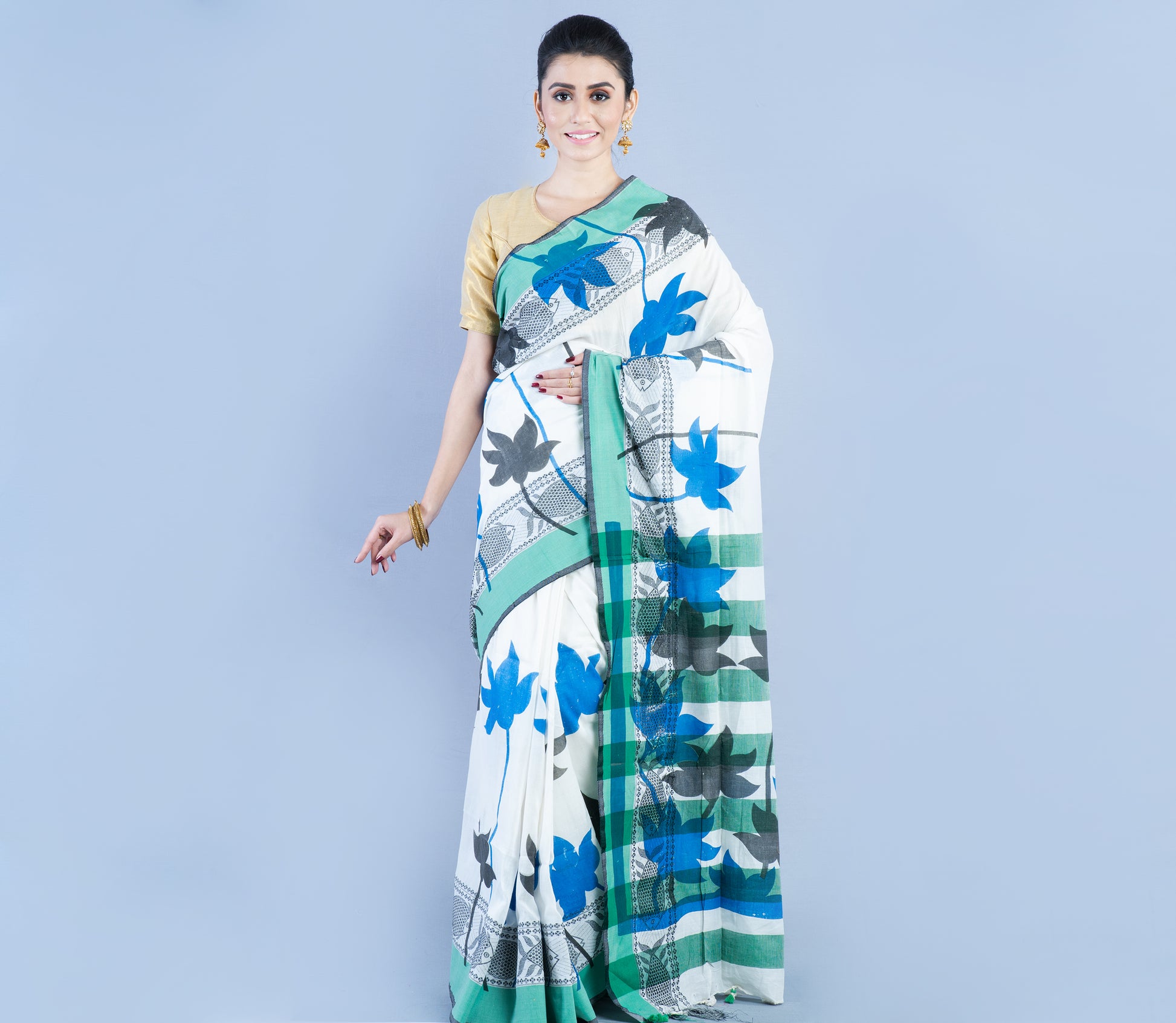 Printed Cotton Saree - Sea Green Blue Black On White - ArtisanSoul