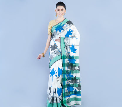 Printed Cotton Saree - Sea Green Blue Black On White - ArtisanSoul