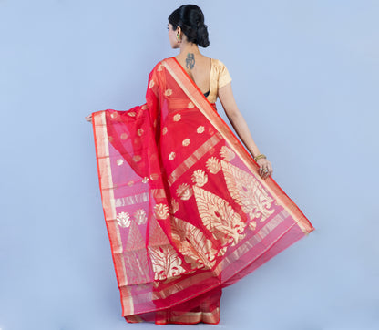 Tant Saree - Crimson Red with Zari work - ArtisanSoul