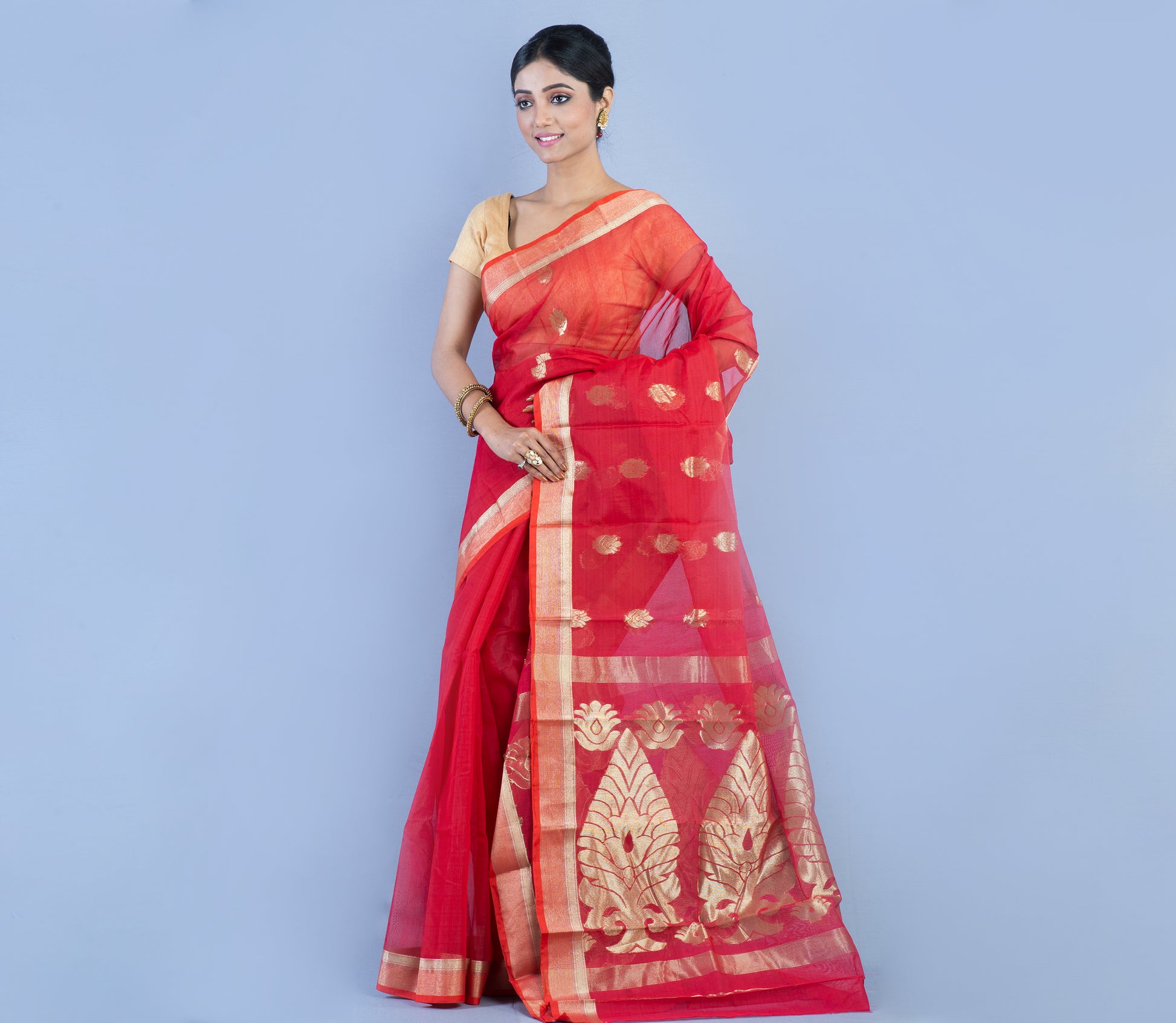 Tant Saree - Crimson Red with Zari work - ArtisanSoul