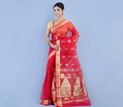 Tant Saree - Crimson Red with Zari work - ArtisanSoul
