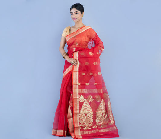 Tant Saree - Crimson Red with Zari work - ArtisanSoul