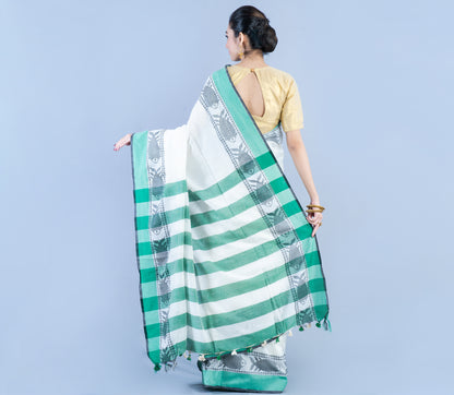 Handloom Cotton Saree - White & Green - ArtisanSoul