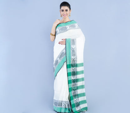 Handloom Cotton Saree - White & Green - ArtisanSoul