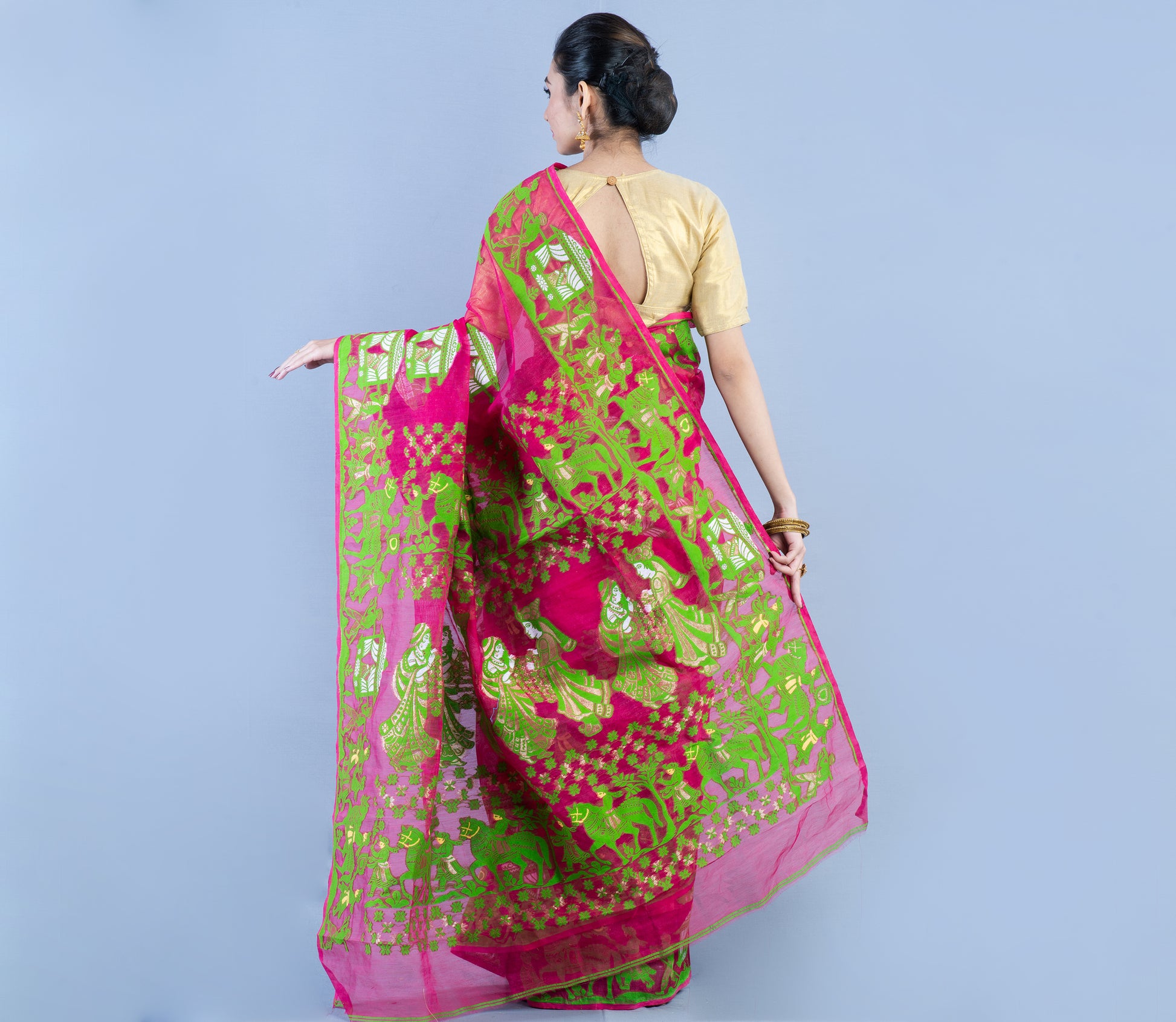 Handloom Jamdani Saree - Green on Purple - ArtisanSoul