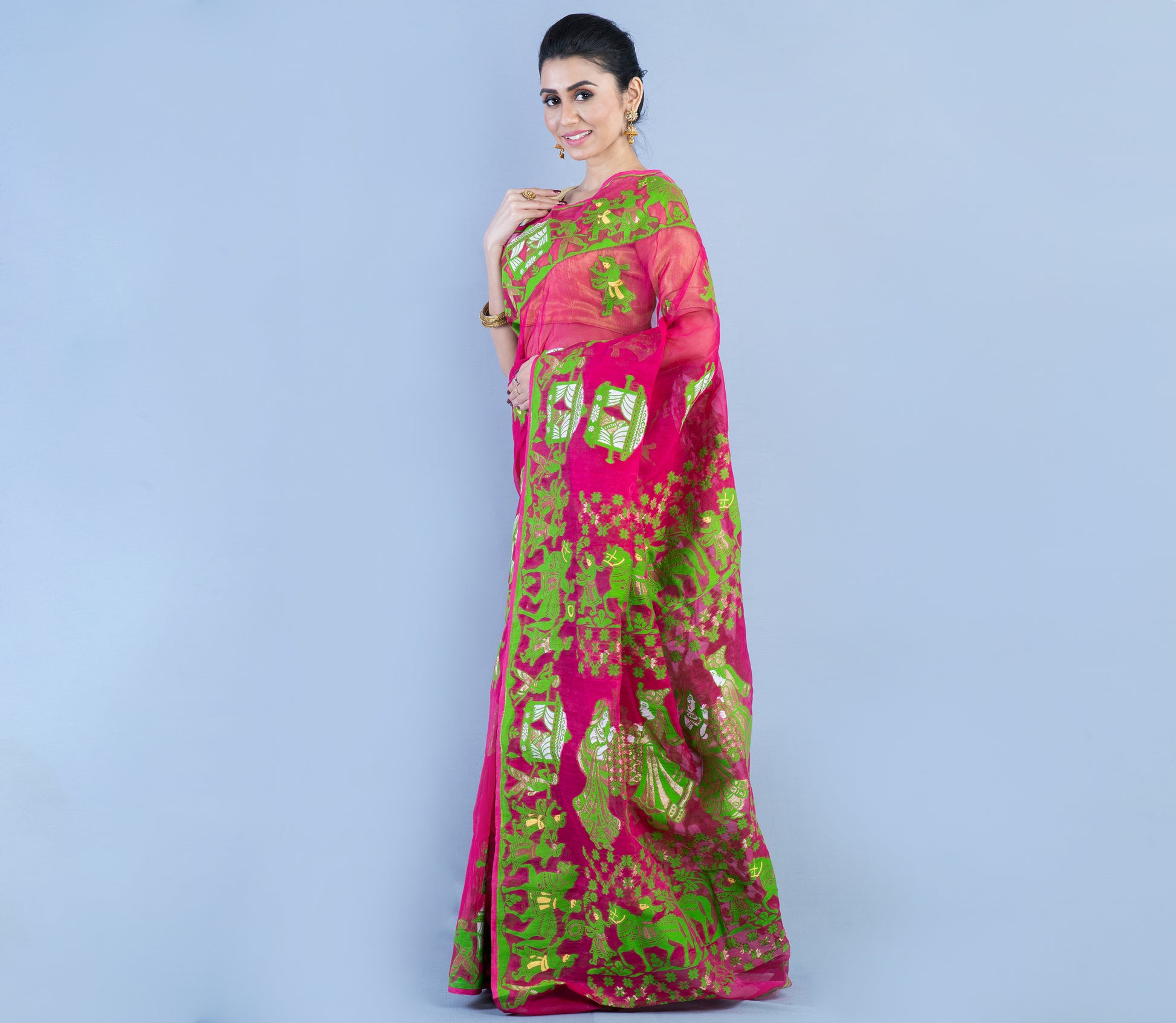 Handloom Jamdani Saree - Green on Purple - ArtisanSoul