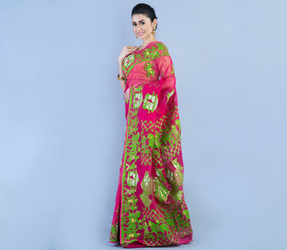 Handloom Jamdani Saree - Green on Purple - ArtisanSoul