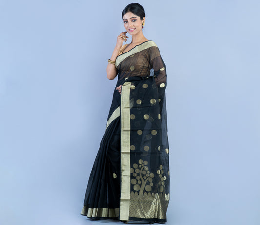Tant Saree With Zari work - Black - ArtisanSoul