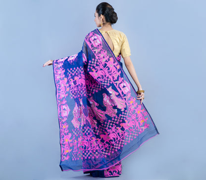 Handloom Jamdani Saree - Pink on Blue - ArtisanSoul