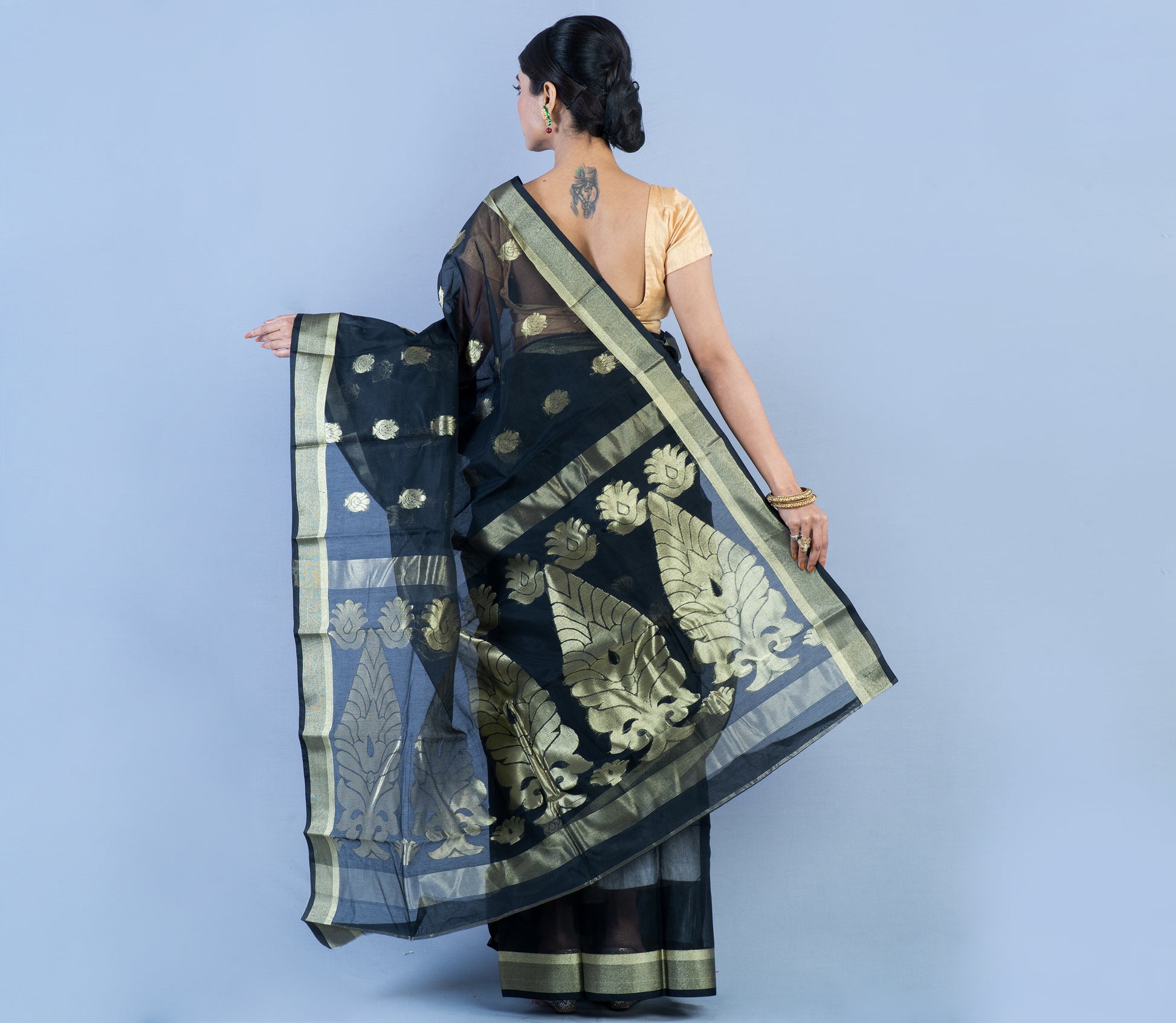 Tant Saree - Black with Zari work - ArtisanSoul