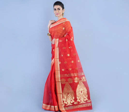 Tant Saree with Zari work - Red - ArtisanSoul