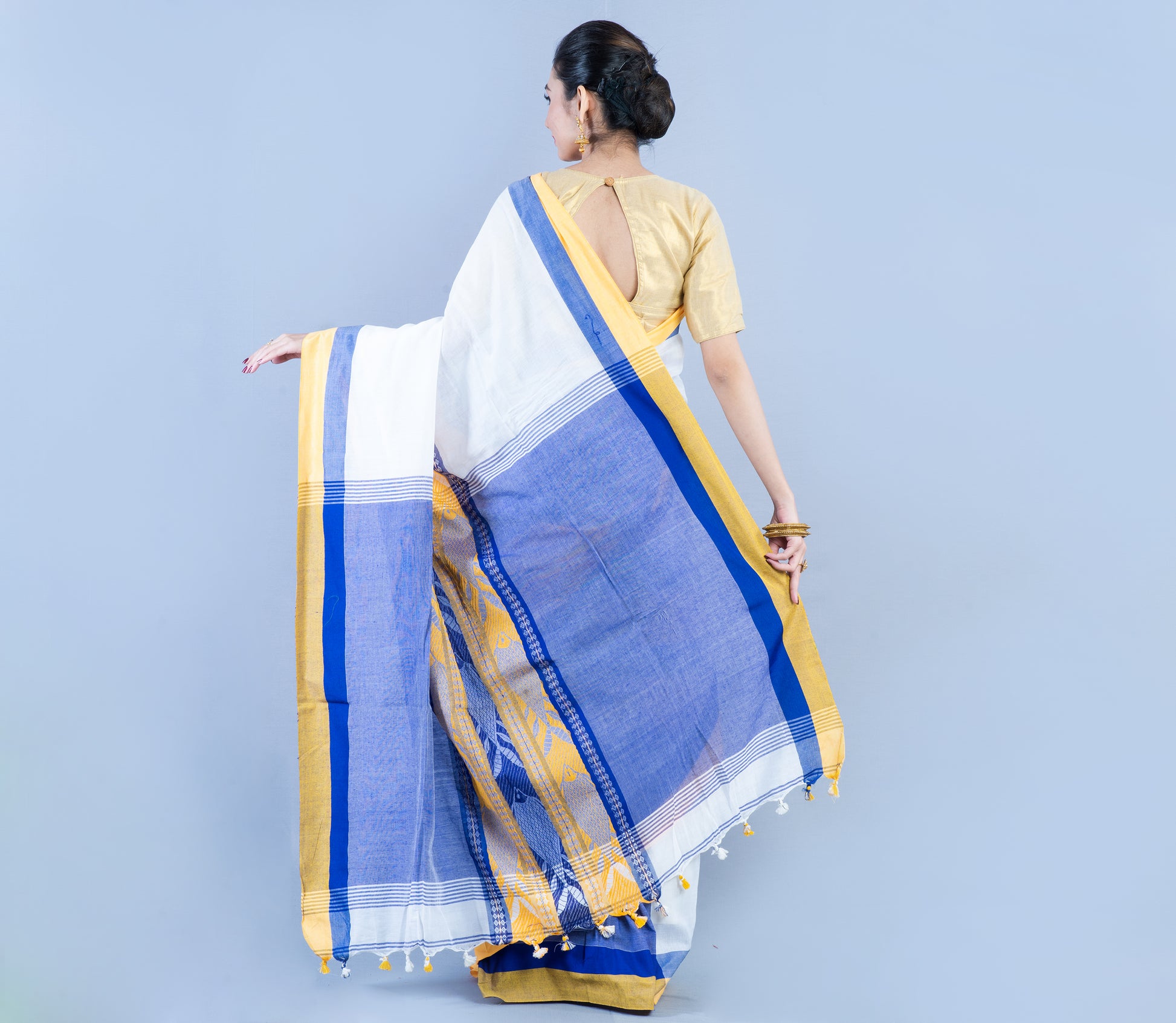 Handloom Cotton Saree - White Yellow & Blue - ArtisanSoul