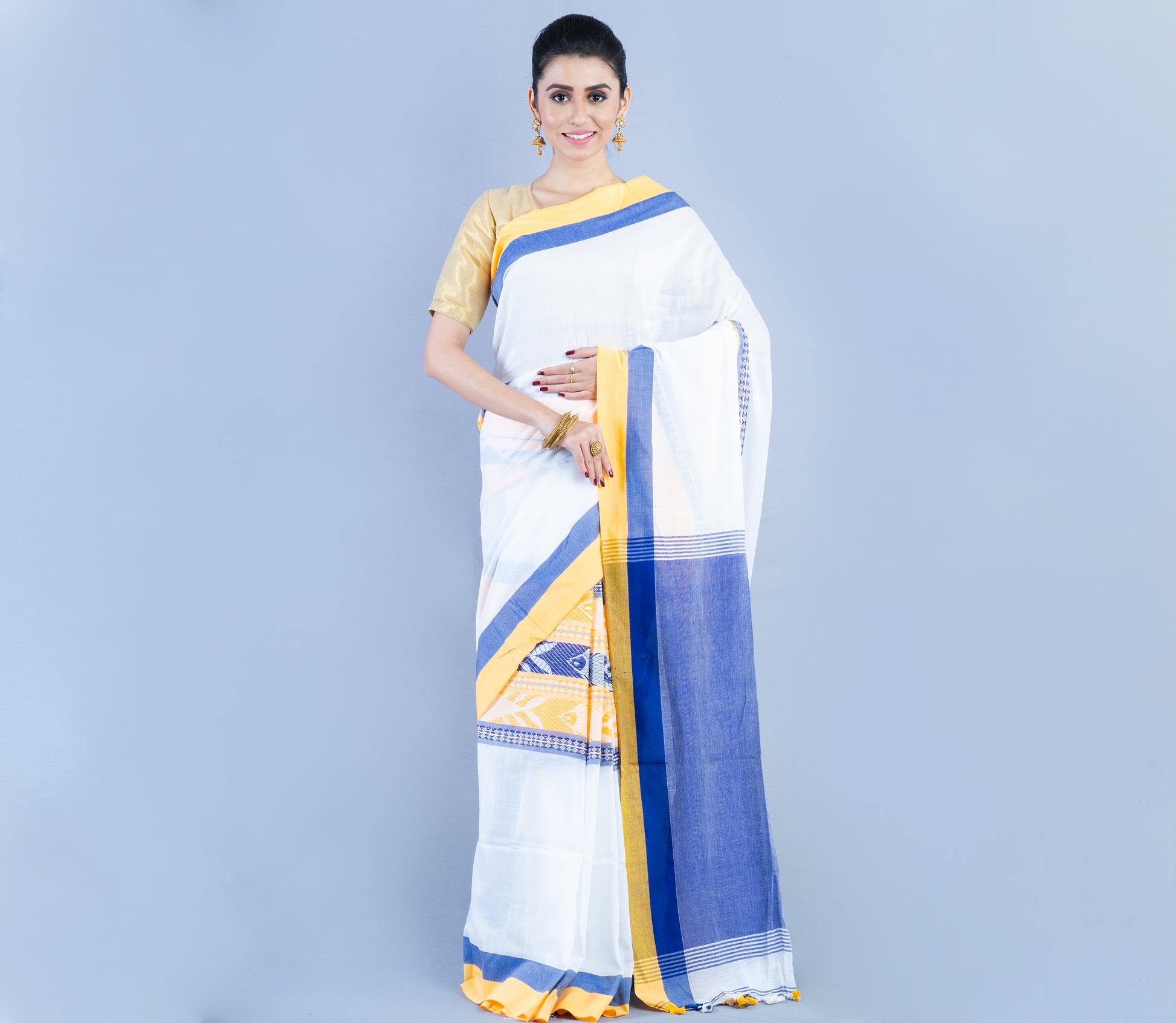 Handloom Cotton Saree - White Yellow & Blue - ArtisanSoul