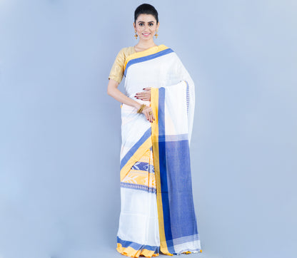 Handloom Cotton Saree - White Yellow & Blue - ArtisanSoul