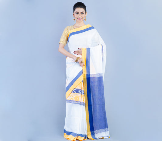 Handloom Cotton Saree - White Yellow & Blue - ArtisanSoul