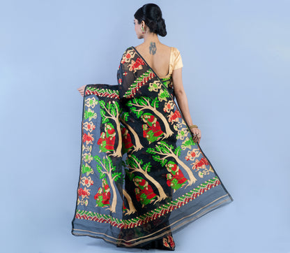 Handloom Jamdani - 3D Color on Black - ArtisanSoul