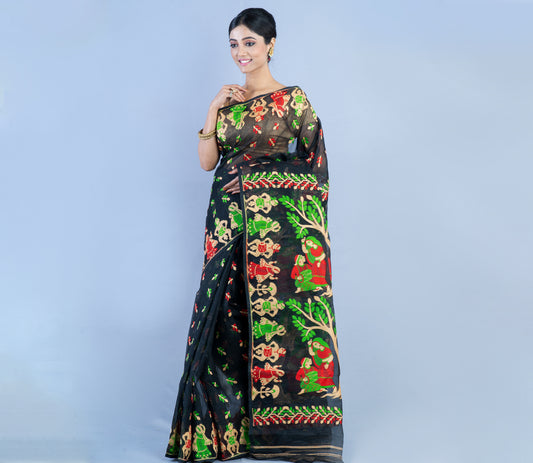 Handloom Jamdani - 3D Color on Black - ArtisanSoul