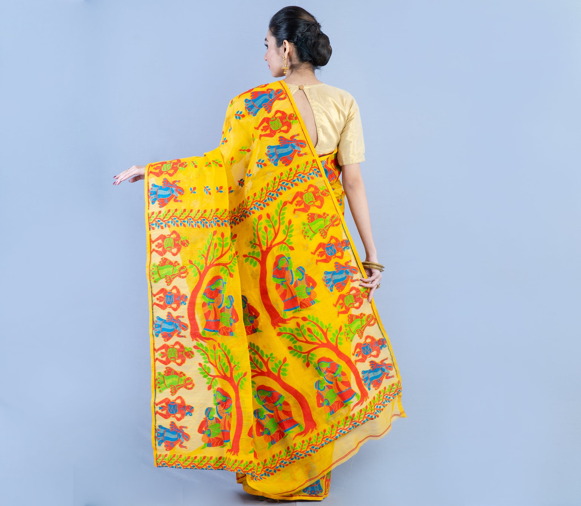 Handloom Jamdani Saree- 3D Color on Yellow - ArtisanSoul