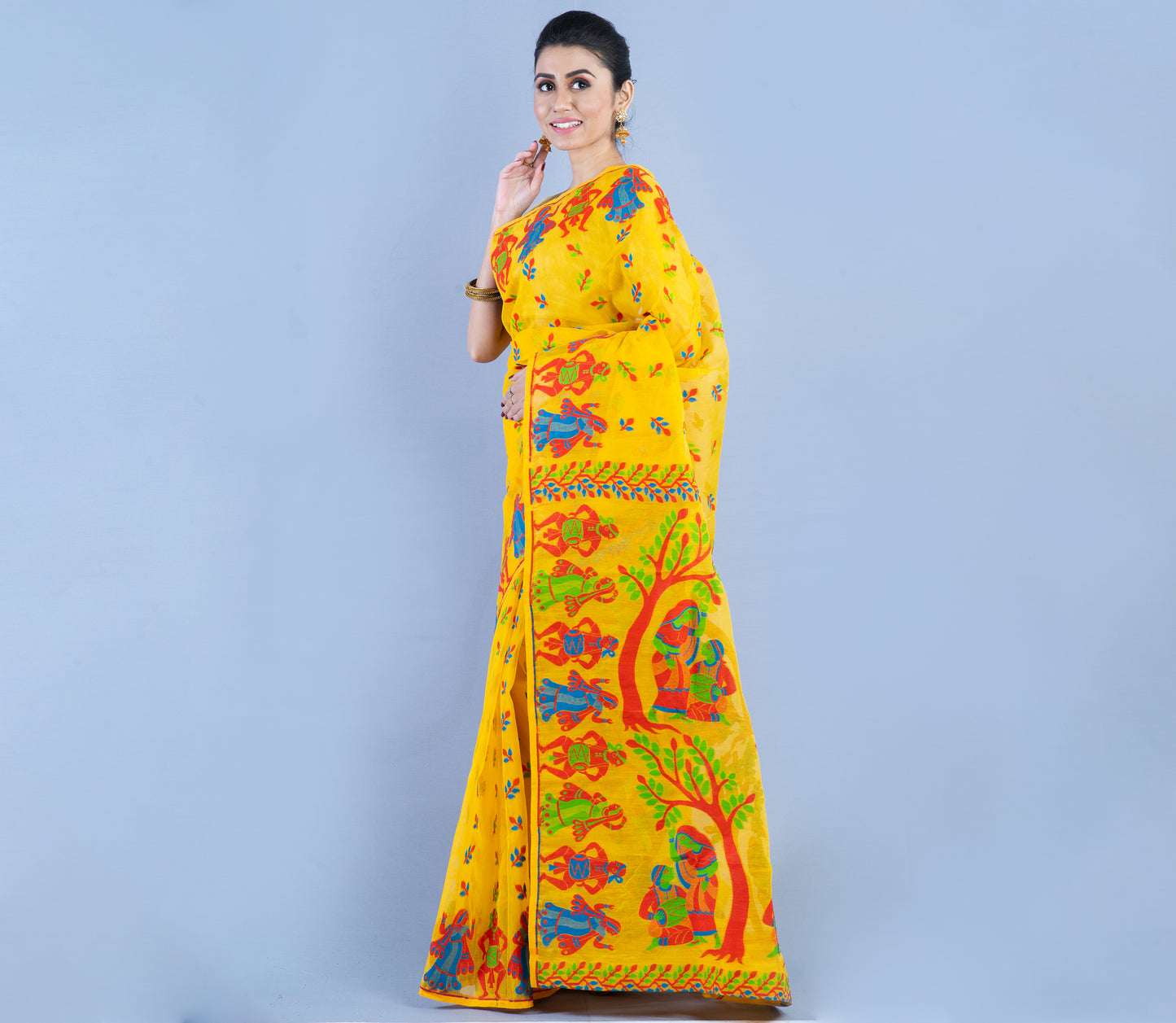 Handloom Jamdani Saree- 3D Color on Yellow - ArtisanSoul