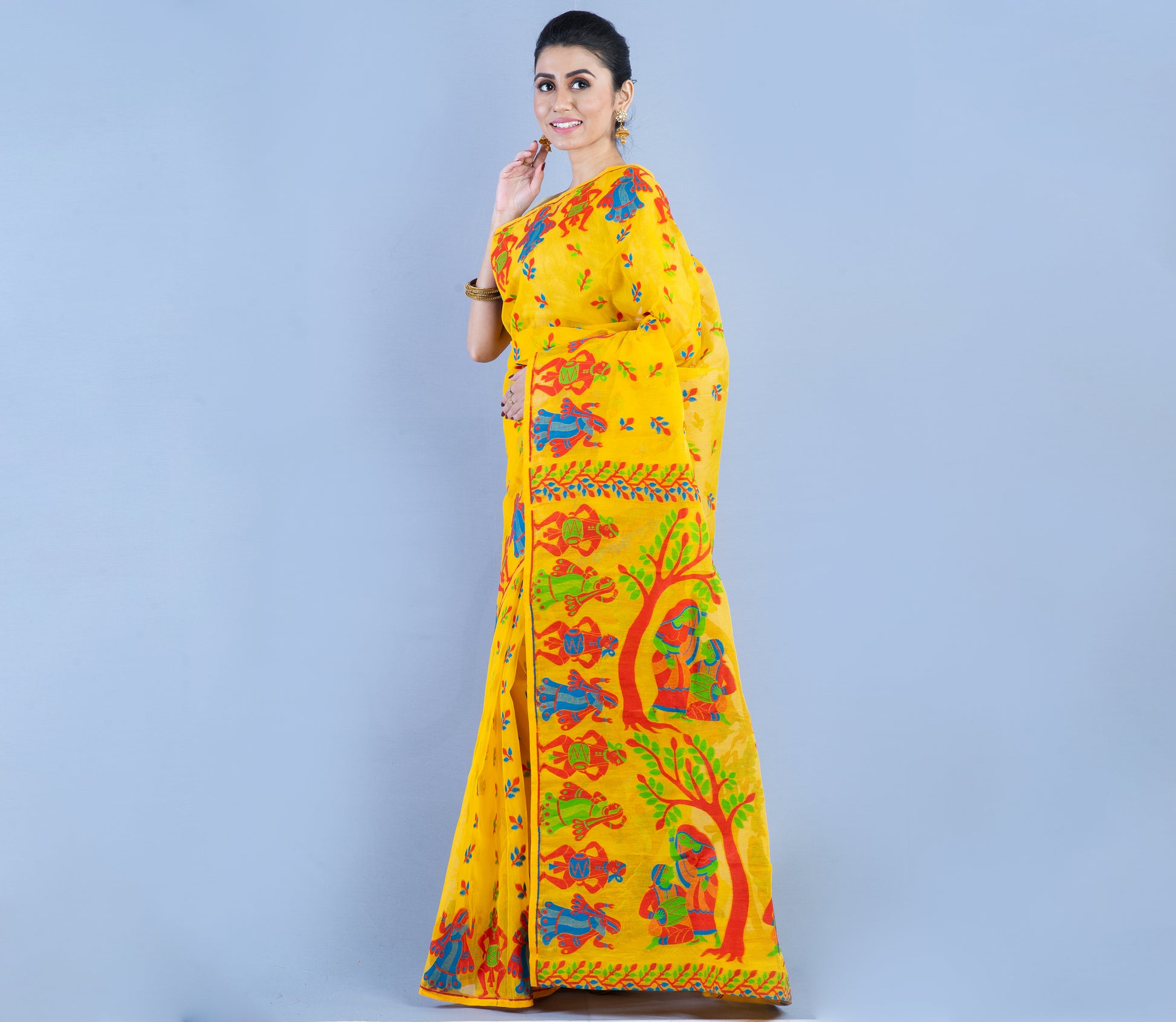 Handloom Jamdani Saree- 3D Color on Yellow - ArtisanSoul