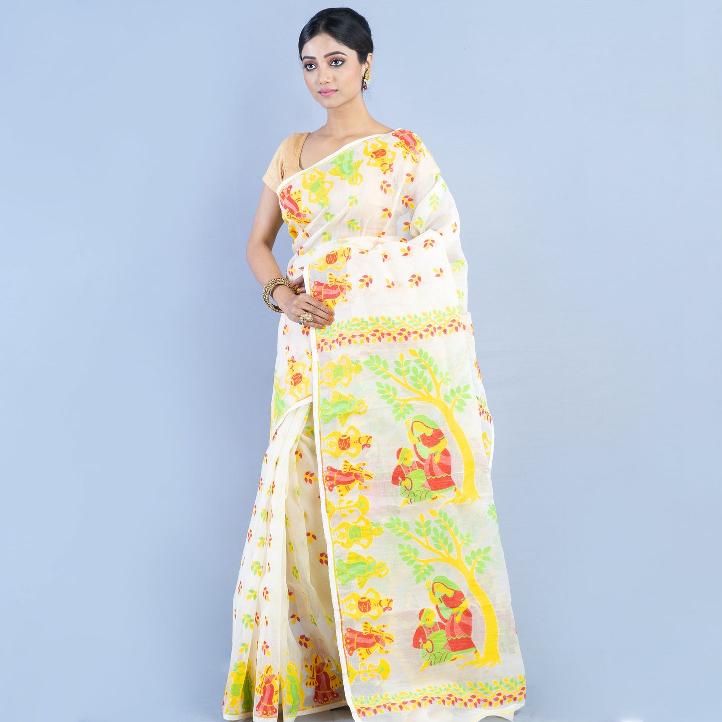 Handloom Jamdani Saree – 3D Color Weaving on White Cotton - ArtisanSoul